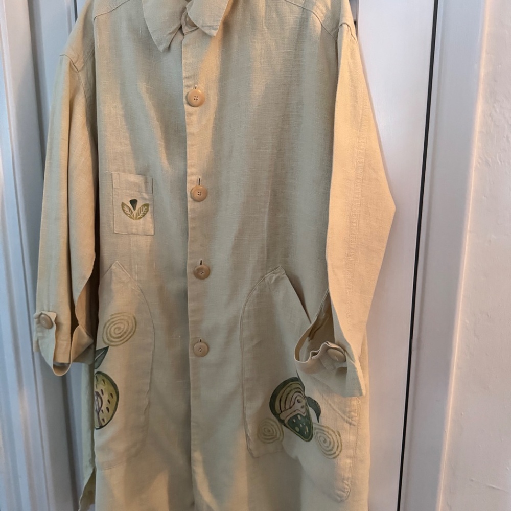 Blue Fish Hemp Linen Duster Jacket Dress Button Down Hand Paint Apples 1999 - Picture 13 of 16